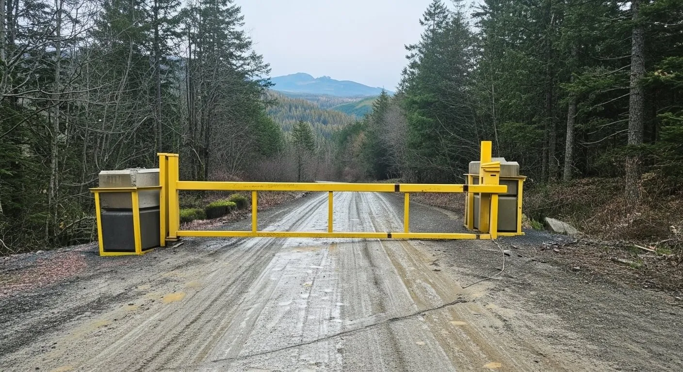 Yellow gate blocking a logging road on Vancouver Island